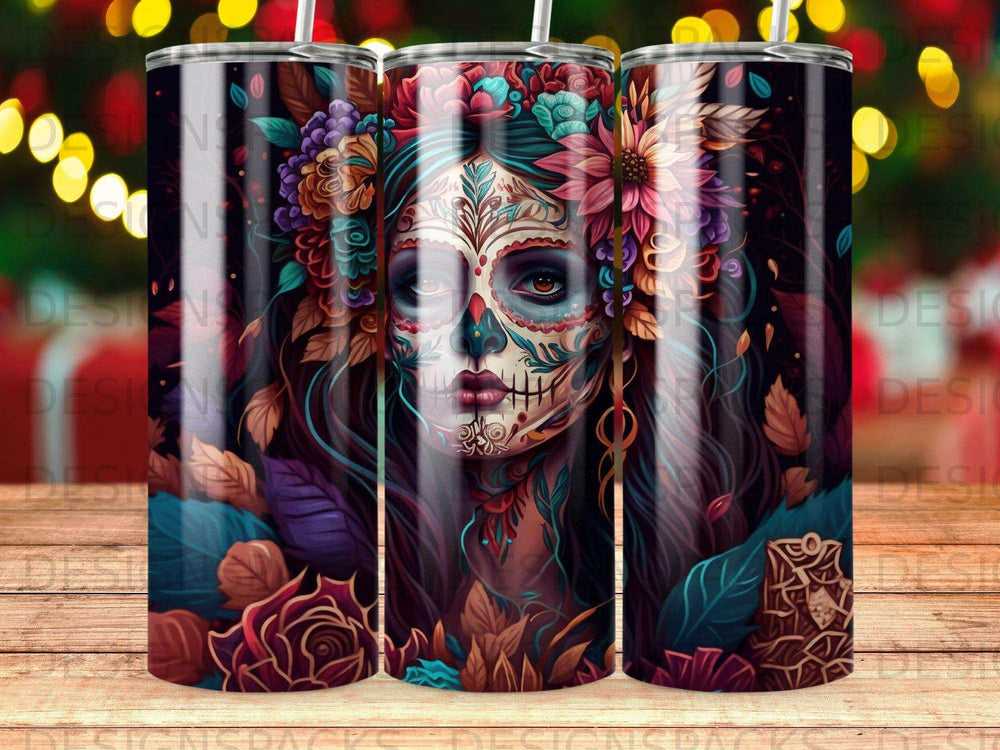 Sugar skull woman with floral headdress and colorful foliage.
