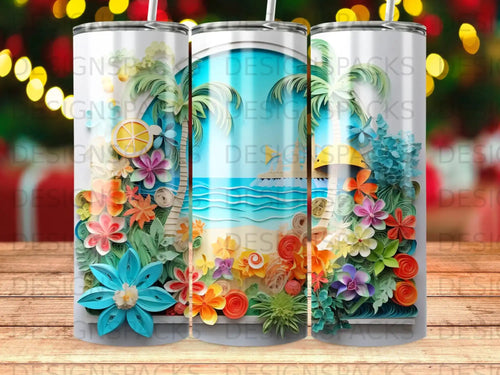 Beach scene with palm trees and colorful paper flowers on a tumbler.