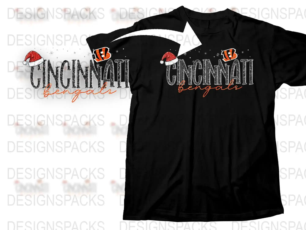Cincinnati Bengals T-Shirt with Santa Hat Graphic, Black Holiday Tee, Football Fan Gift, Festive Team Apparel