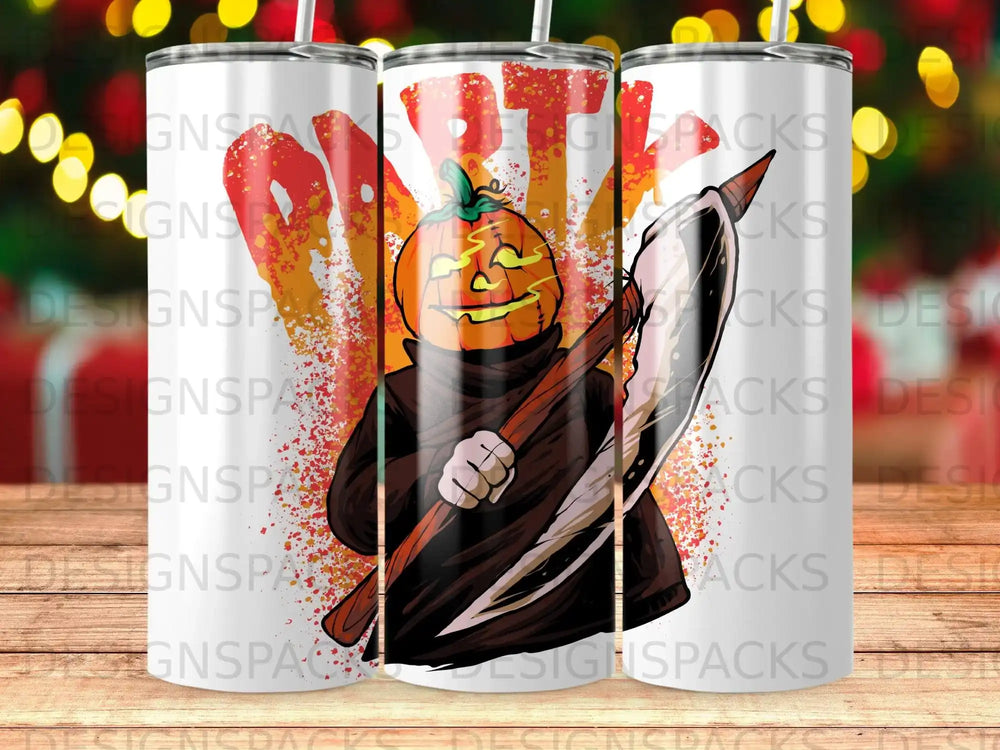 Halloween tumbler with jack-o'-lantern character holding a scythe.