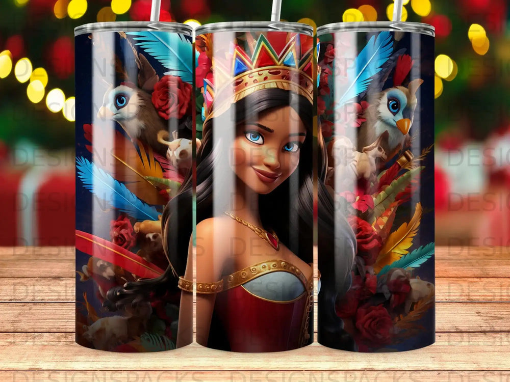 Native American woman with feathered headdress and detailed background artwork.