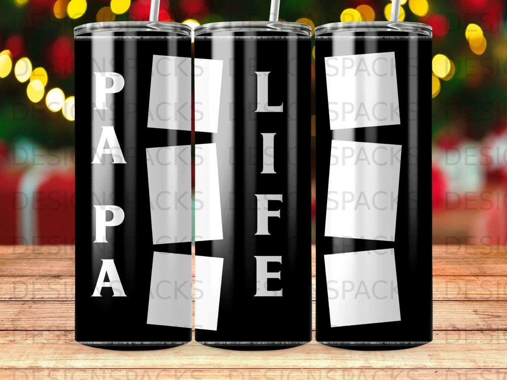 Black tumbler with white letters spelling "LIFE" and "DADDY".