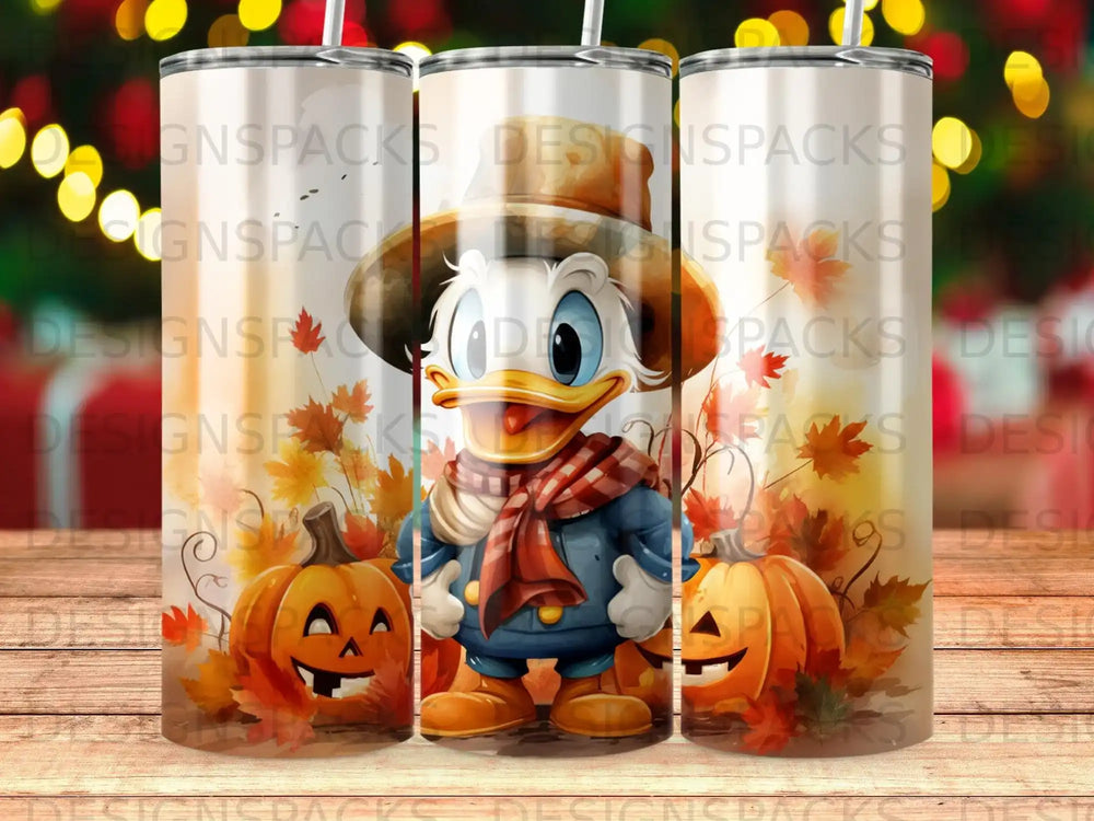 Donald Duck character with pumpkins and autumn leaves.