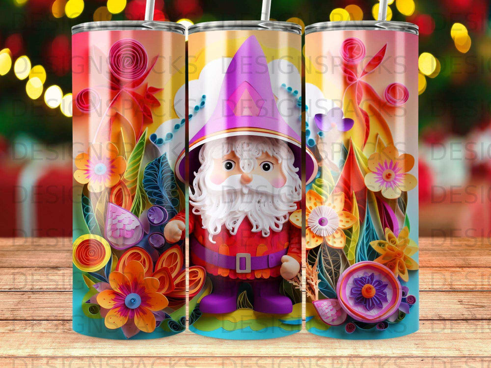Triptych of colorful tumblers featuring a gnome in a garden with floral accents.