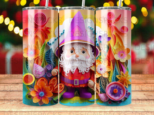 Triptych of colorful tumblers featuring a gnome in a garden with floral accents.
