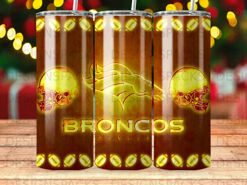 Denver Broncos tumbler with team logo and football helmet design.