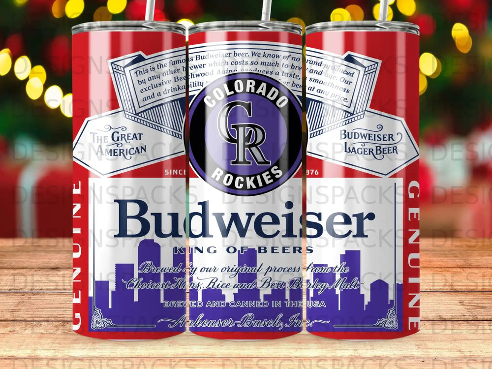 Budweiser beer tumbler with Colorado Rockies logo and text.