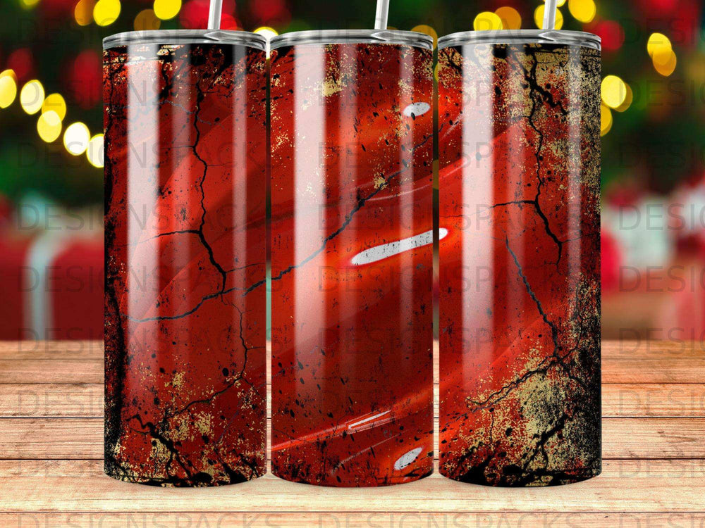 Red grunge cracked tumbler with gold splatters and white lines.