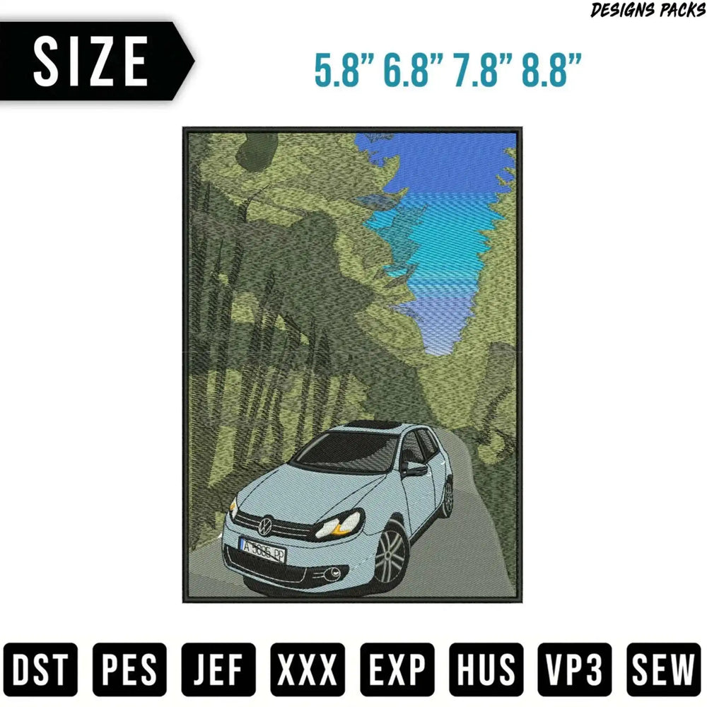 Light blue car driving on a tree-lined road; sizes and file formats listed.