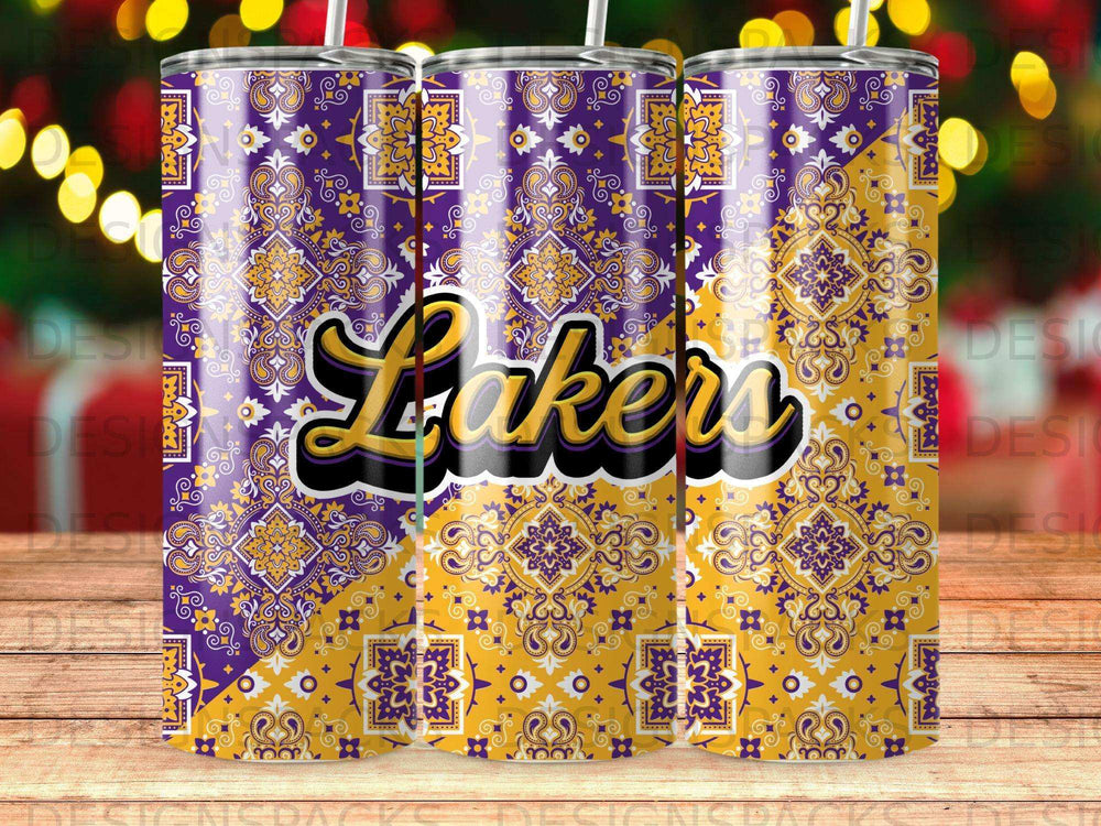 Purple and gold Lakers tumbler with paisley pattern.