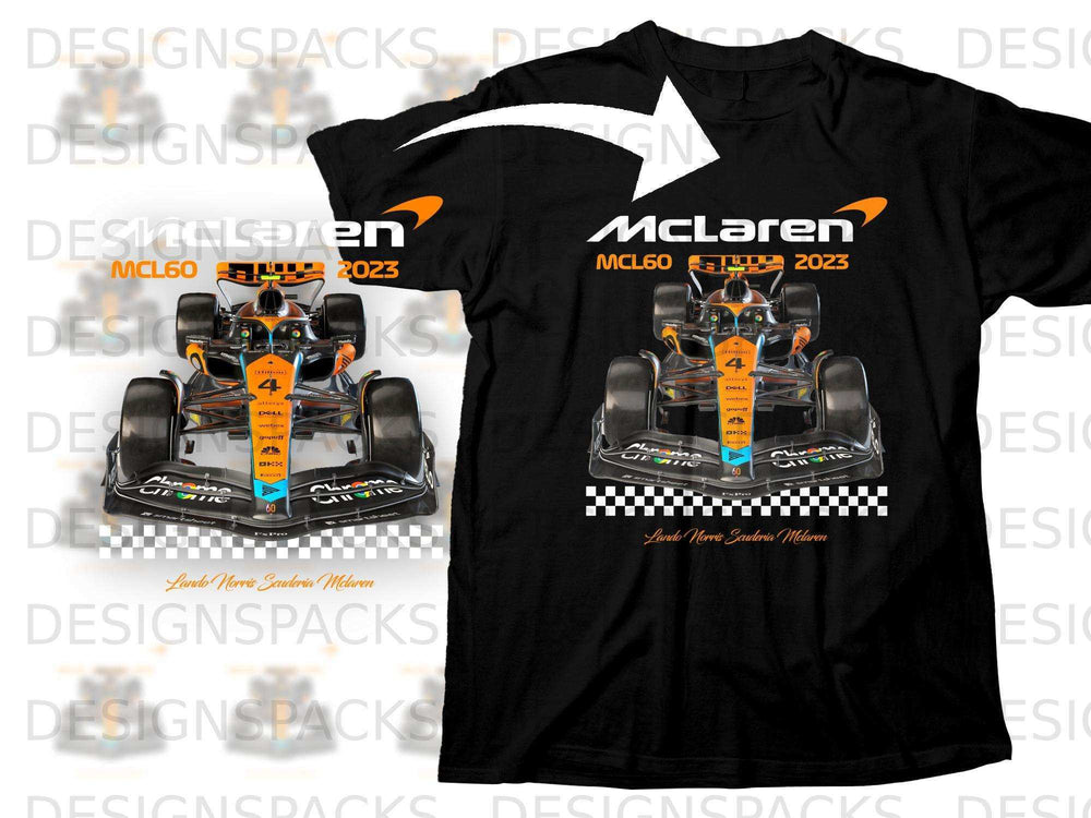 McLaren MCL60 2023 Lando Norris F1 car on black t-shirt.