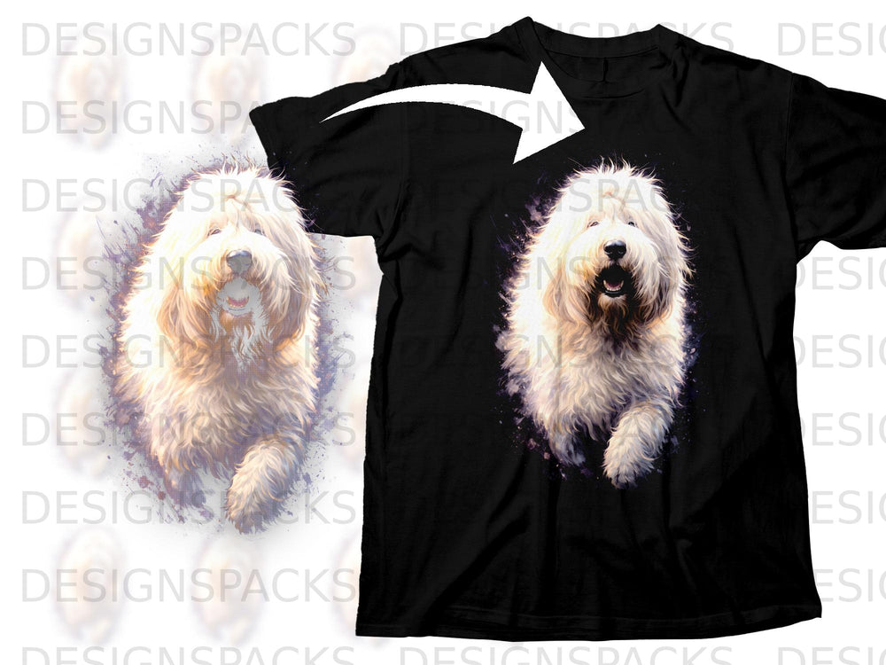Black t-shirt with a fluffy white dog graphic and a curved arrow overlay.