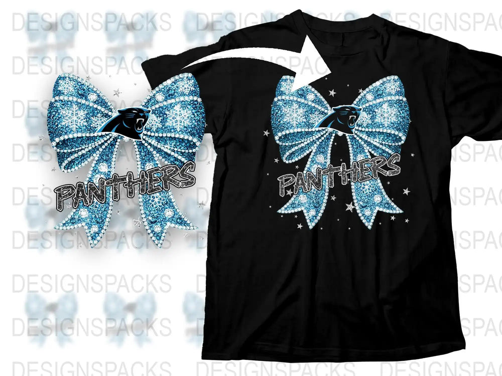 Panthers School Spirit T-Shirt, Blue Glitter Bow Design, Sports Team Support, Sparkly Fan Apparel