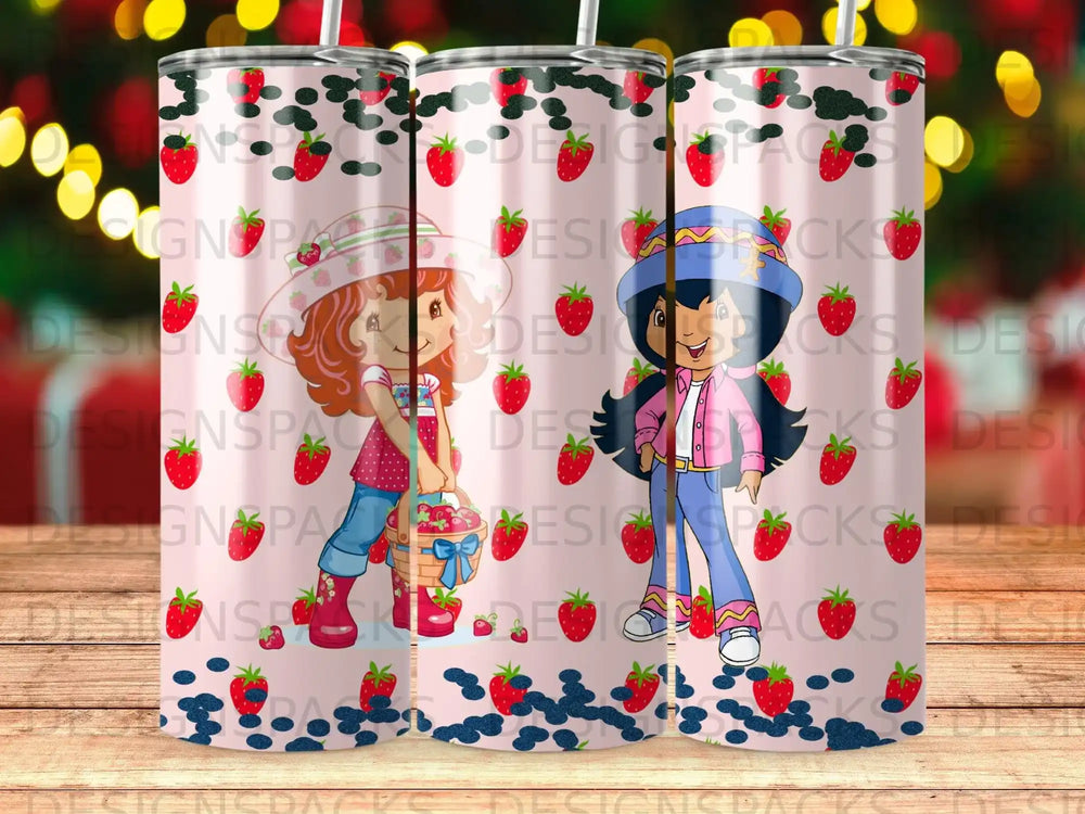 Two cartoon girls in strawberry-themed outfits holding a basket of strawberries.