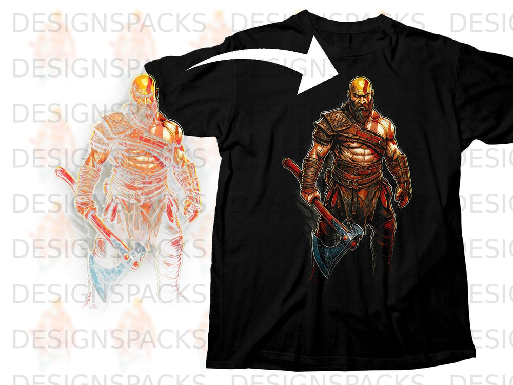 Black t-shirt with a Kratos graphic holding an axe, presented next to a sketch.
