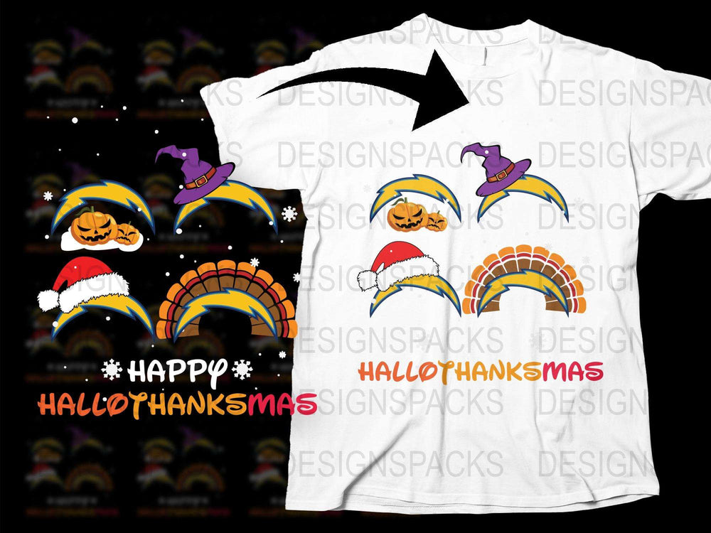 Happy HalloThanksMas T-Shirt, Holiday Combo Tee, Pumpkin Turkey Santa Design, Festive Seasonal Apparel