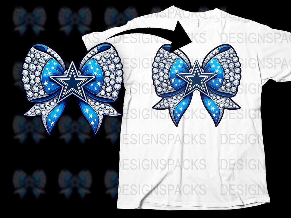 Rhinestone Cheer Bow T-Shirt, Sparkling Blue and Silver Star Design, Unique Cheerleader Gift, Performance Wear