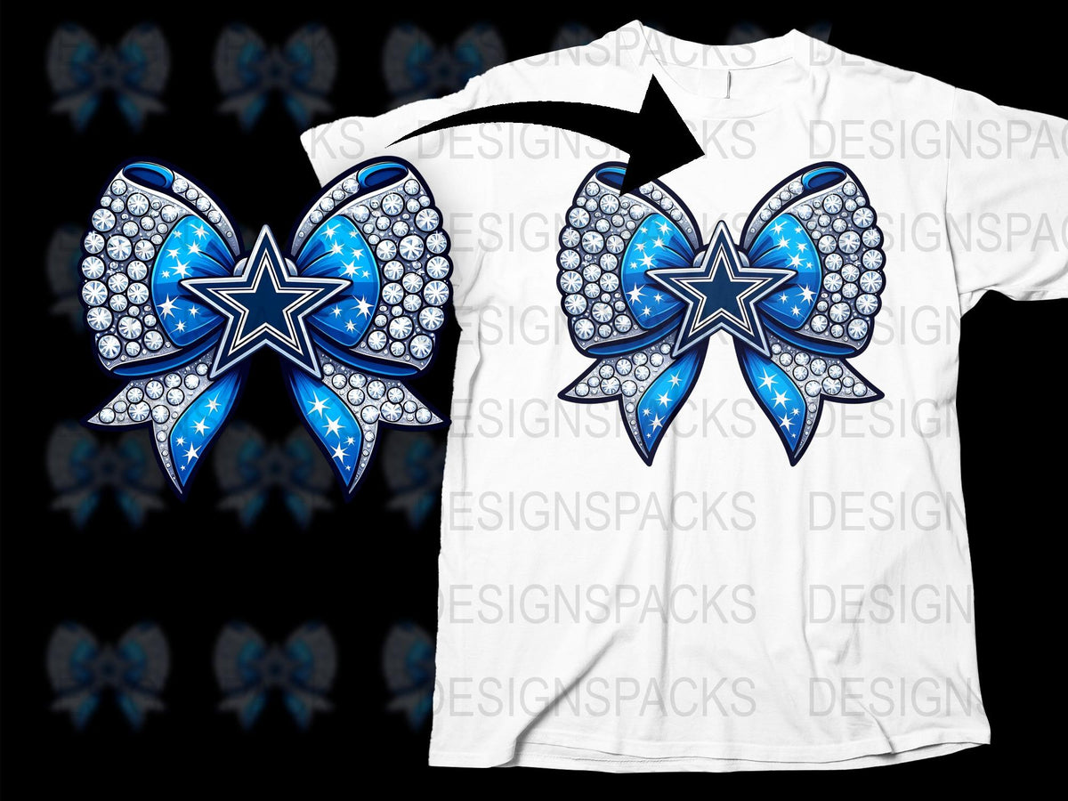 Rhinestone Cheer Bow T-Shirt, Sparkling Blue and Silver Star Design, Unique Cheerleader Gift, Performance Wear