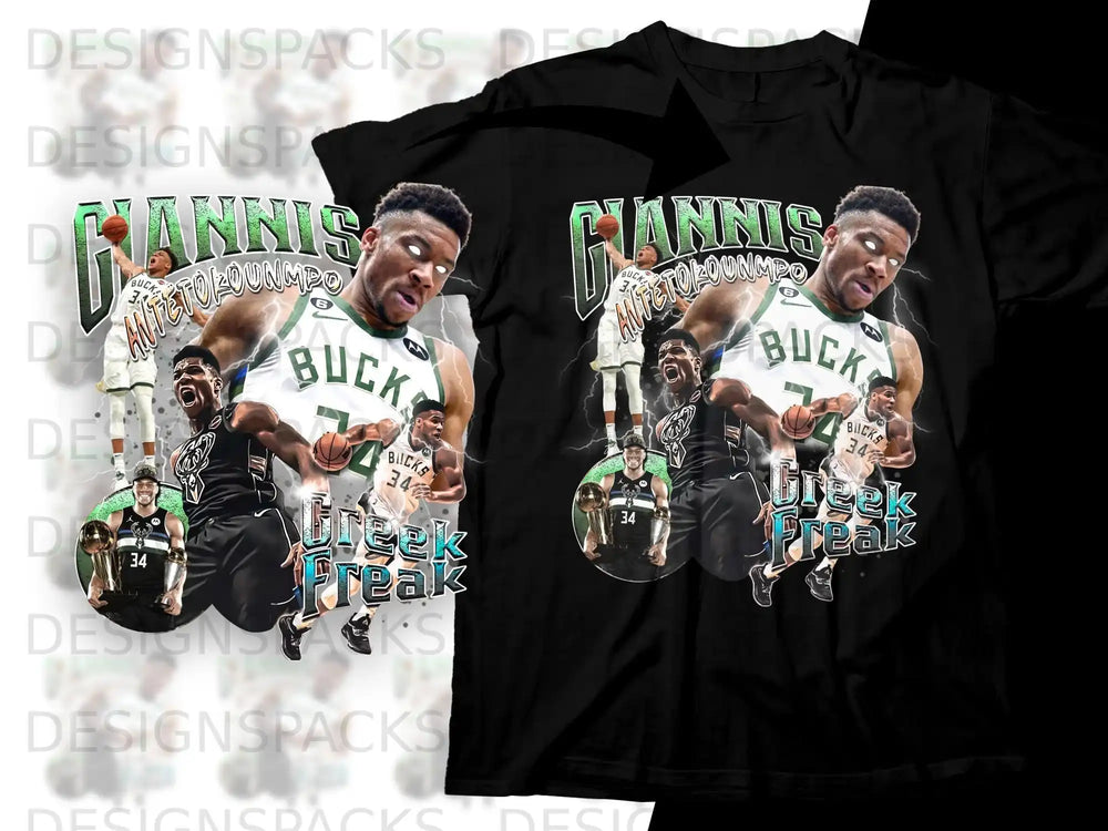 Giannis Antetokounmpo "Greek Freak" on Bucks jersey graphic t-shirt.