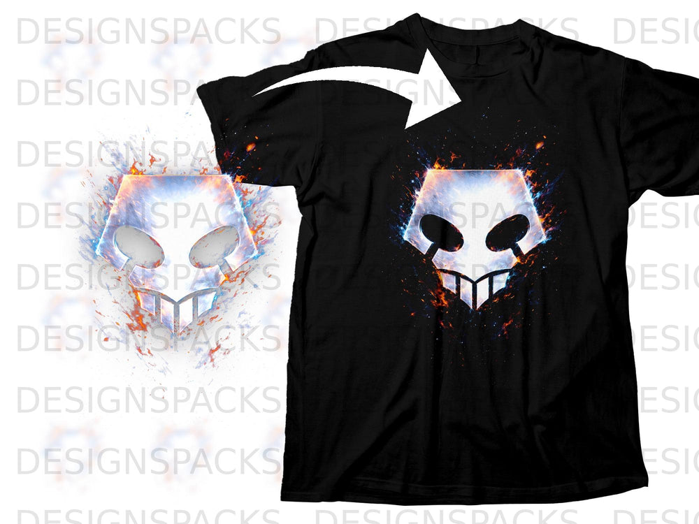 Black t-shirt with a white skull emblem surrounded by fiery energy.