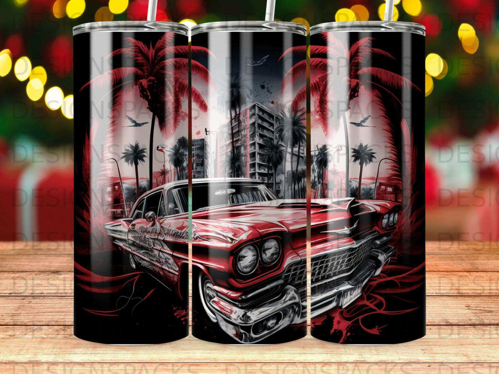 Red vintage car with palm trees and city skyline graphic on tumbler.