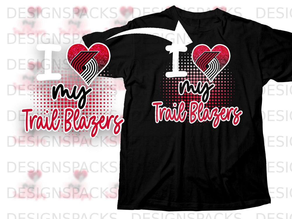Black t-shirt with "I love my Trail Blazers" text and glittery heart logo.