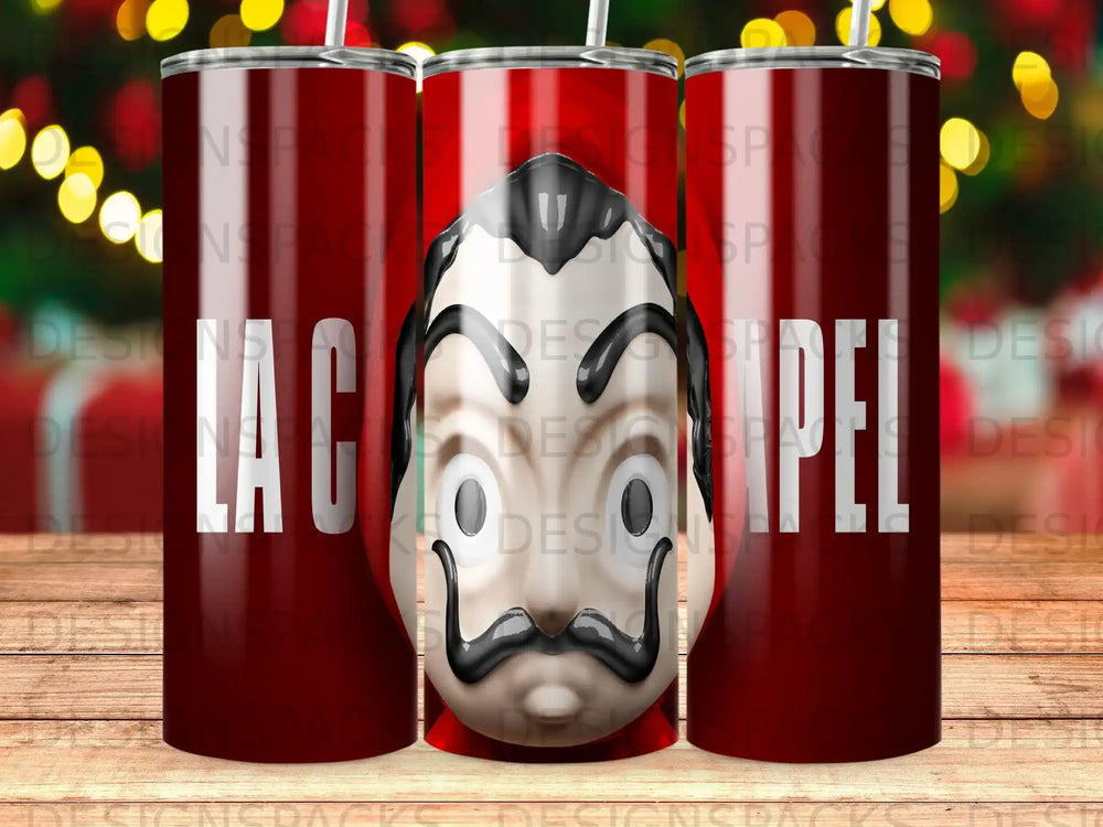 Red tumbler with a black and white portrait of a man with a mustache.