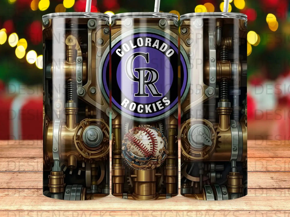 Colorado Rockies tumbler with baseball design and steampunk gears.