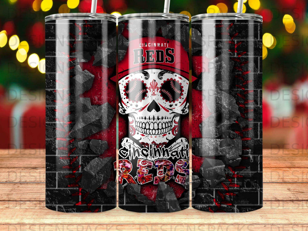 Cincinnati Reds skull tumbler with black brick background.