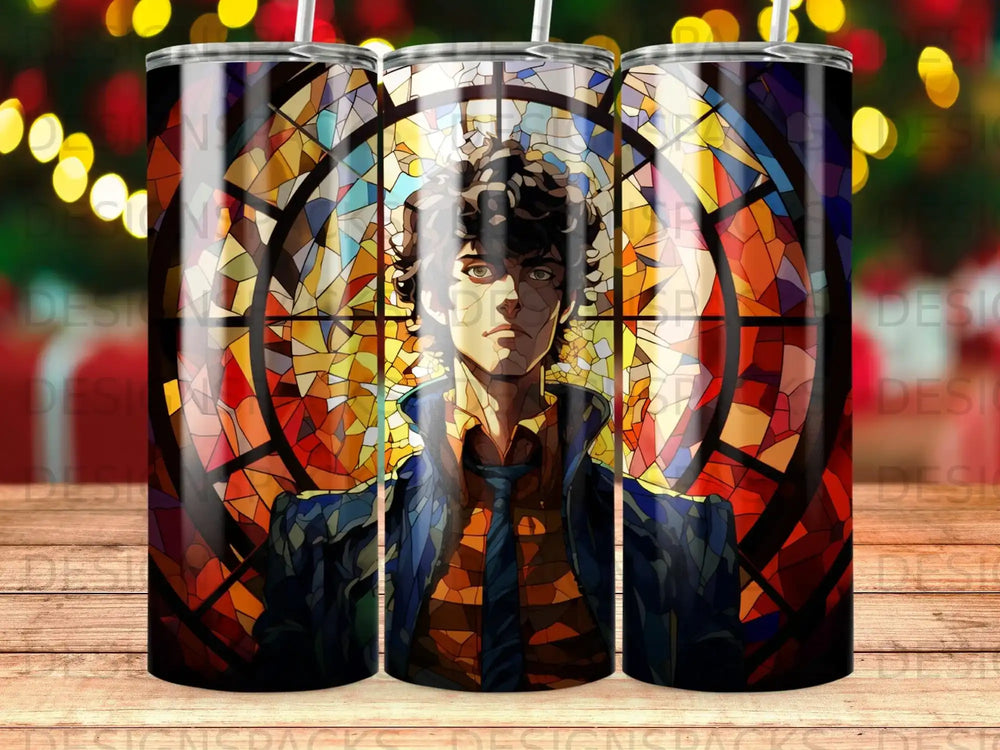 Stained glass portrait of a young man with curly brown hair and intense eyes.