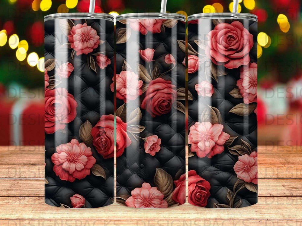 Black quilted background with red and pink floral rose patterns.