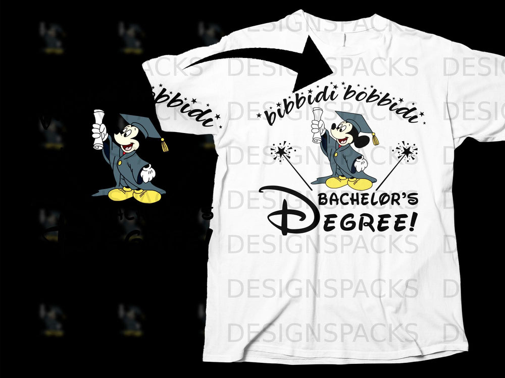 Mickey Mouse in graduation cap and gown holding diploma, "Bibbidi Bobbidi Bachelor's Degree!" text.