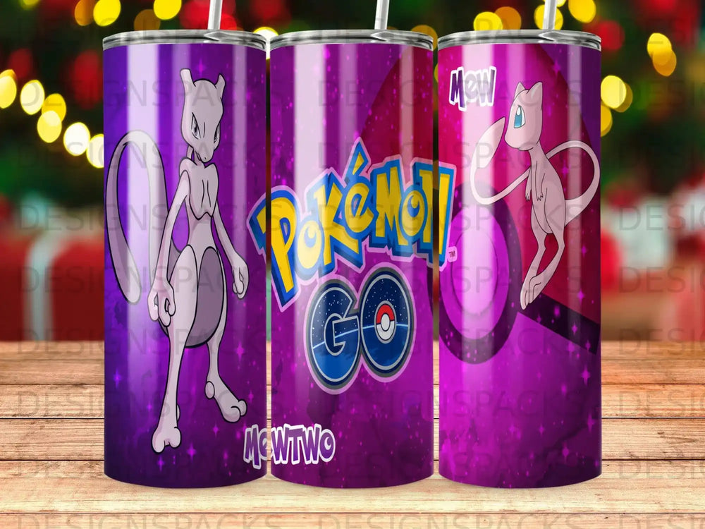 Mewtwo and Pokemon Go logo on purple tumbler.