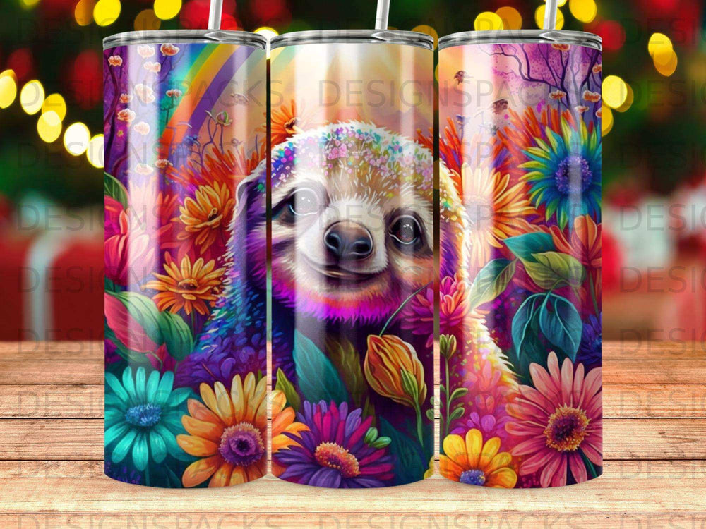 Colorful sloth face surrounded by vibrant flowers on a tumbler.