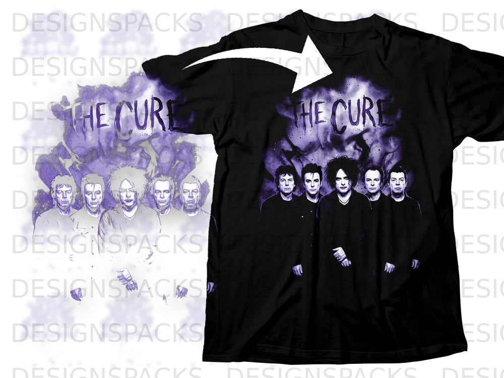 Black t-shirt featuring "The Cure" band members and logo with purple smoke design.