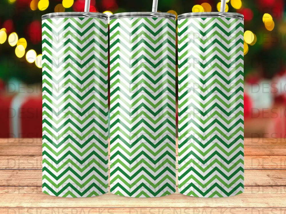 Three tumblers with a green and white chevron pattern.