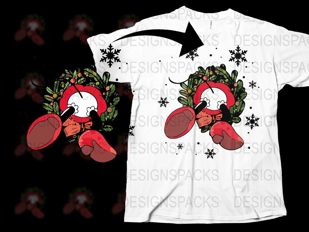 Christmas T-Shirt with Santa Gloves and Wreath Design, Festive Holiday Apparel, Unisex White Tee