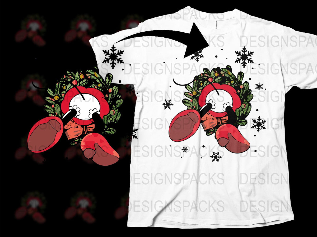 Christmas T-Shirt with Santa Gloves and Wreath Design, Festive Holiday Apparel, Unisex White Tee