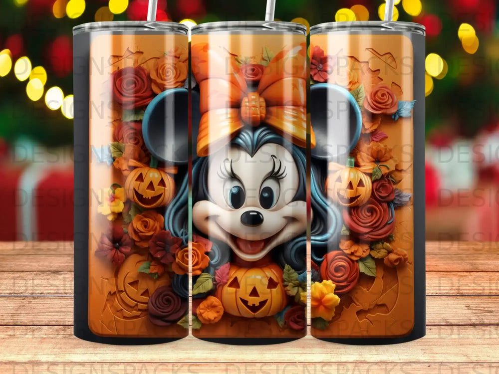 Minnie Mouse with pumpkins and autumn leaves design on a tumbler.