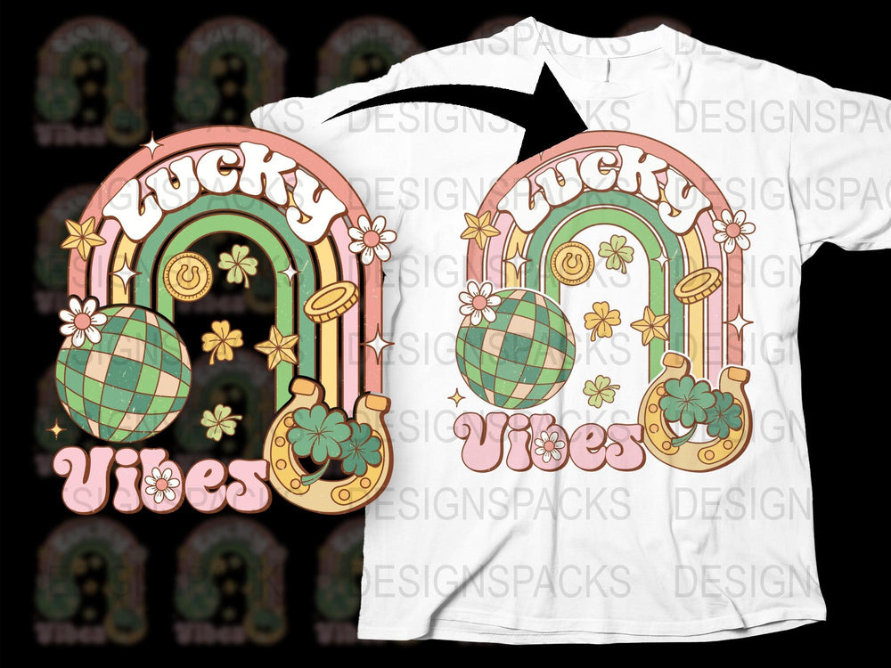Lucky Vibes T-Shirt with Horseshoe and Clover Design, Retro Aesthetic Graphic Tee, Unisex Casual Wear