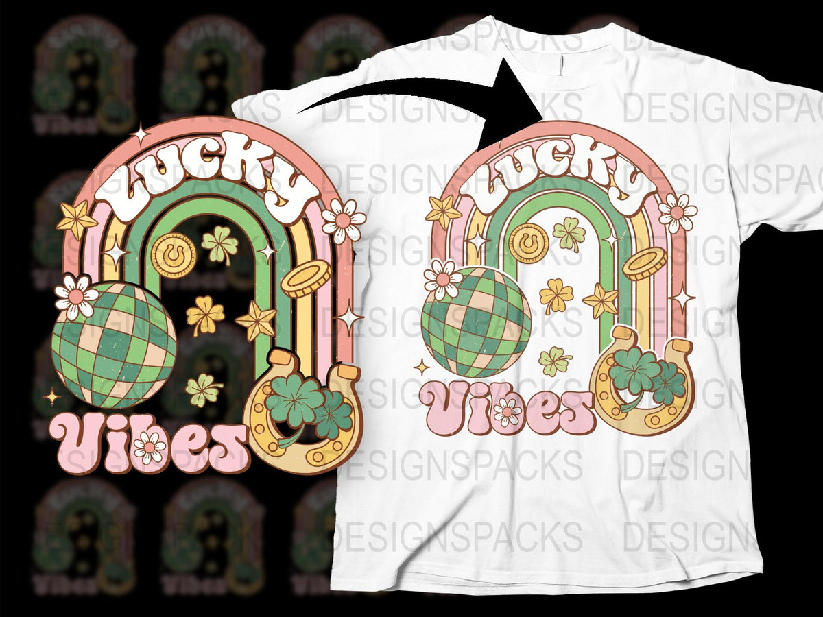 Lucky Vibes T-Shirt with Horseshoe and Clover Design, Retro Aesthetic Graphic Tee, Unisex Casual Wear