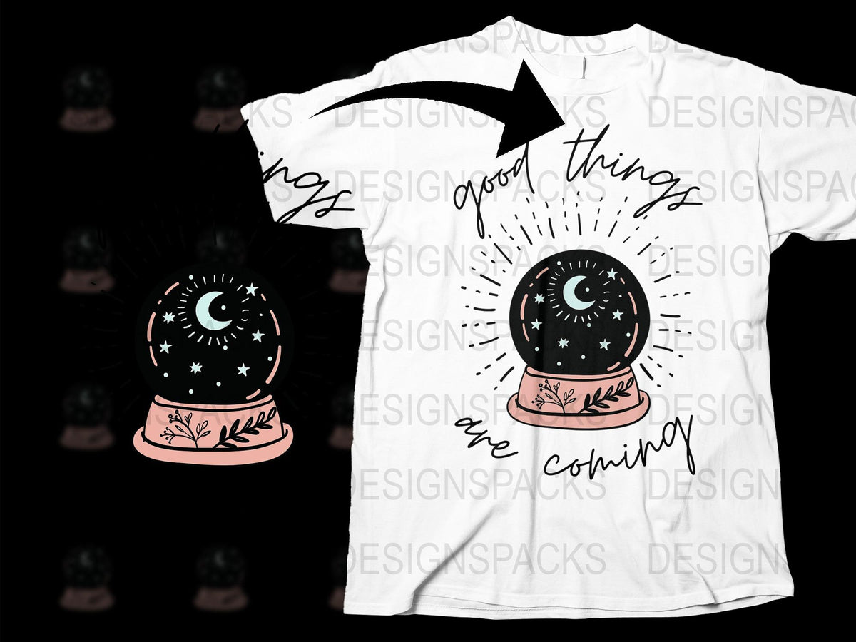 Crystal Ball Graphic T-Shirt, Mystical Moon Phases, Nature Motif, Unisex White Tee, Trendy Witchy Clothing, Boho Chic Style