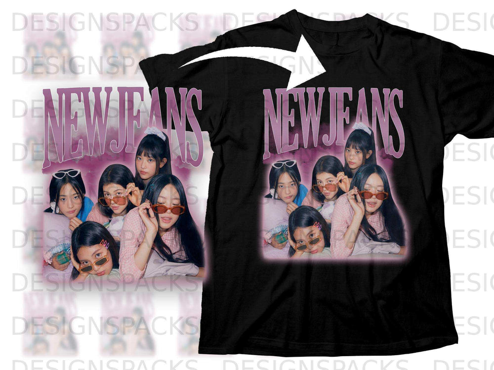 T-shirt with "NEW JEANS" text and a photo of four young women.