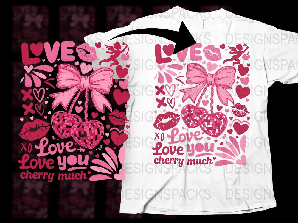 Valentine's Day T-Shirt Love You Cherry Much Pink Hearts Cute Graphic Tee for Her