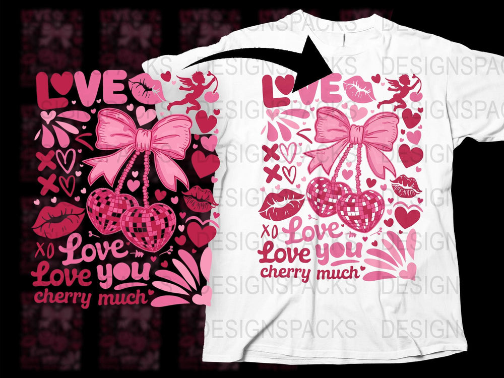 Valentine's Day T-Shirt Love You Cherry Much Pink Hearts Cute Graphic Tee for Her