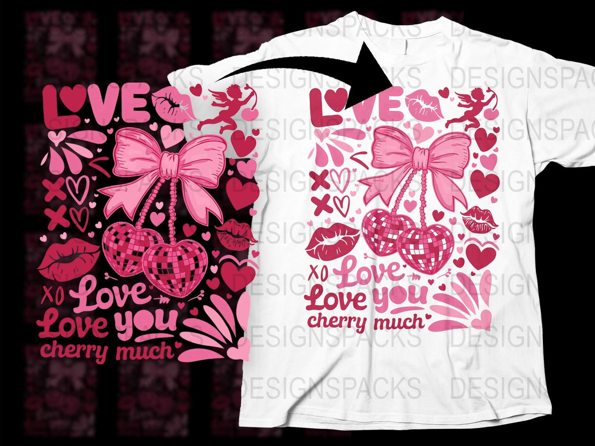 Valentine's Day T-Shirt Love You Cherry Much Pink Hearts Cute Graphic Tee for Her