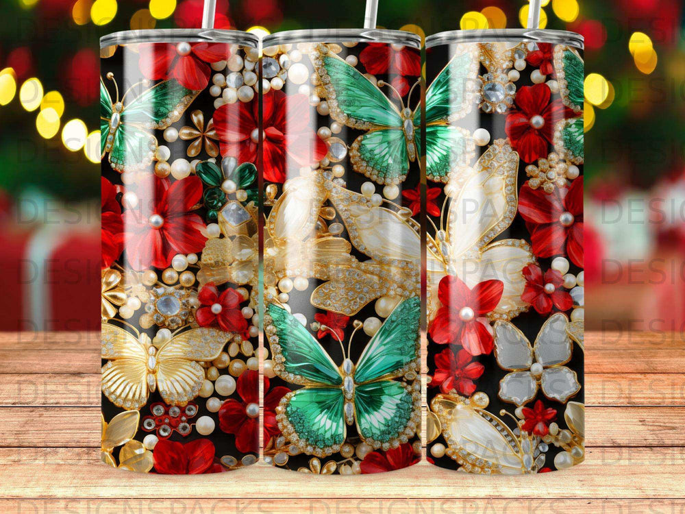 Glittering green and gold butterflies among red flowers and pearls on a tumbler.