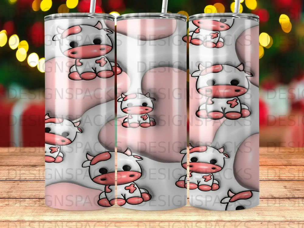 Pink cow pattern on a tumbler with holiday lights in the background.