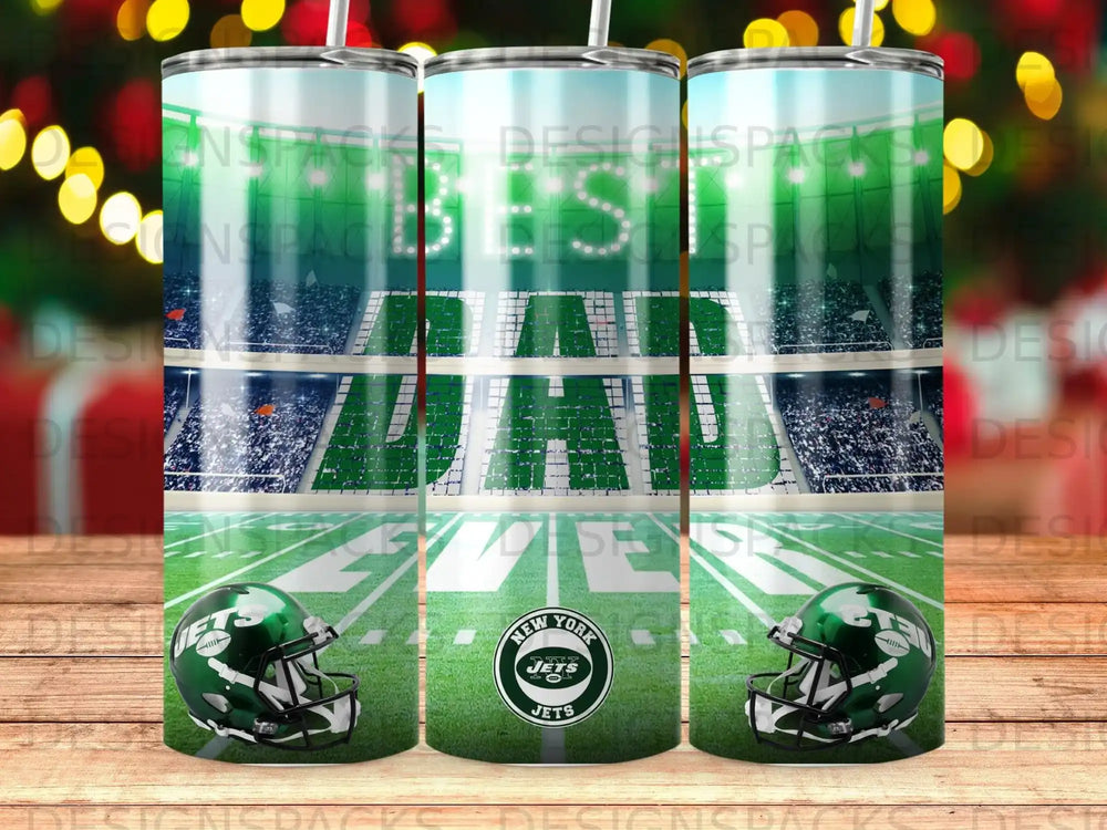 New York Jets football helmet and stadium graphic on a tumbler.