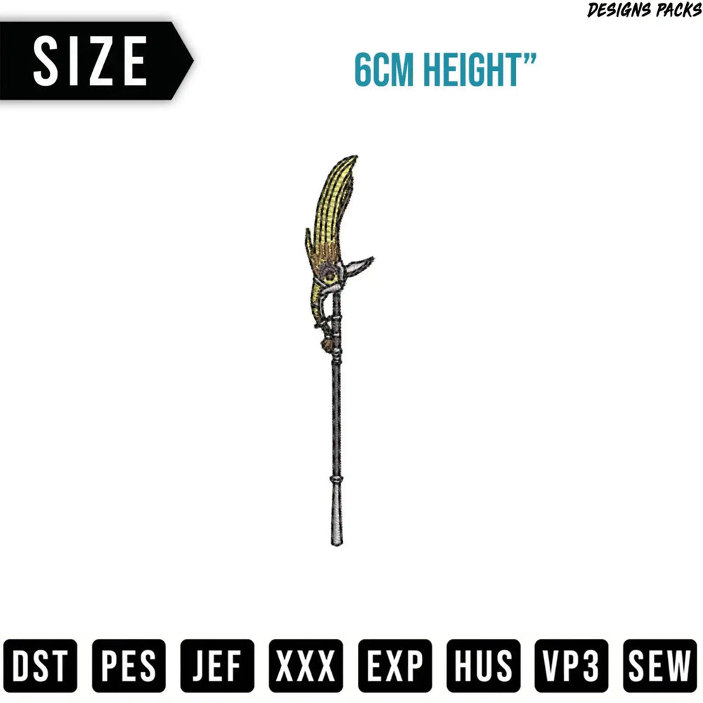 Embroidery design of a spear with "6CM HEIGHT" text.